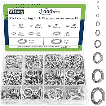 Spring Lock Washers Assortment Kit(1000 Pack), M2 M2.5 M3 M4 M5 M6 M8 M10 M12 Metric Split Lock Washer Set,304 Stainless Steel Lock Washers for Screws Bolts
