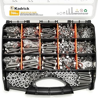 Kadrick 744Pcs 18-8(304) Stainless Steel Hex Bolts Assortment,1/4-20 5/16-18 3/8-16 Heavy Duty Bolts and Nuts Kit, Assorted SAE Bolts Nuts Flat&Lock Washers,Lenth Form 1/2''-2''